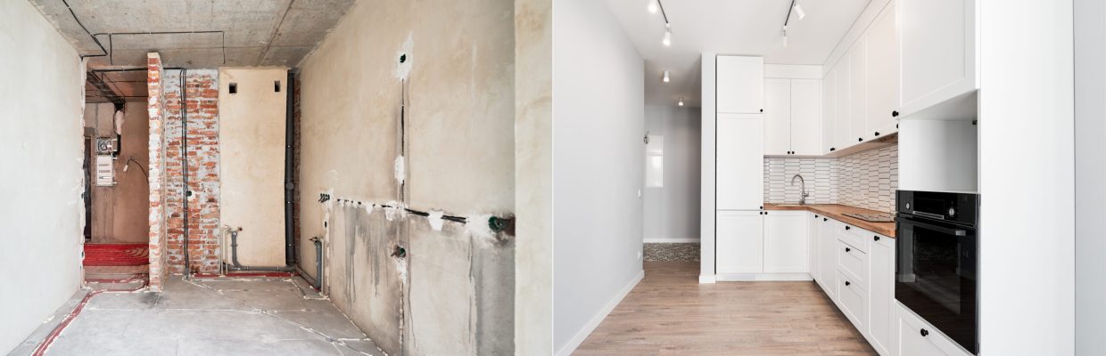 Photo collage of old apartment and new renovated room with parquet floor, kitchen counter, stove and white kitchen furniture. Concept of home renovation, restoration and refurbishment.